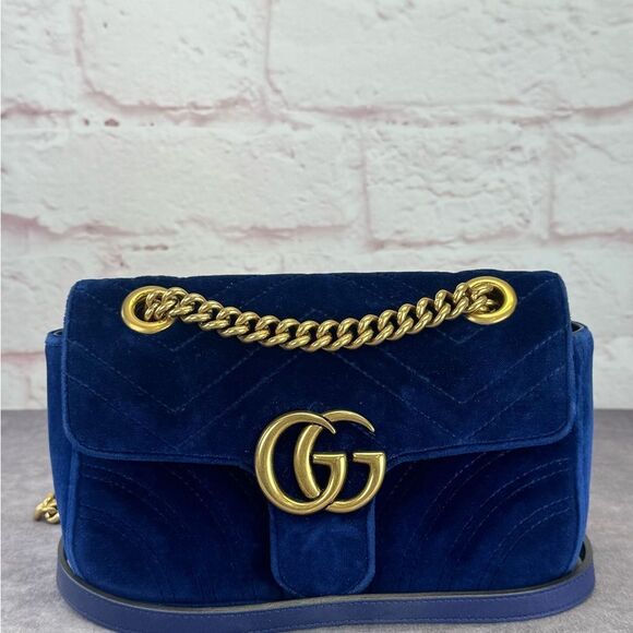 Gucci Gg Marmont Small Blue Velvet Chain Bag - Picture 2 of 15